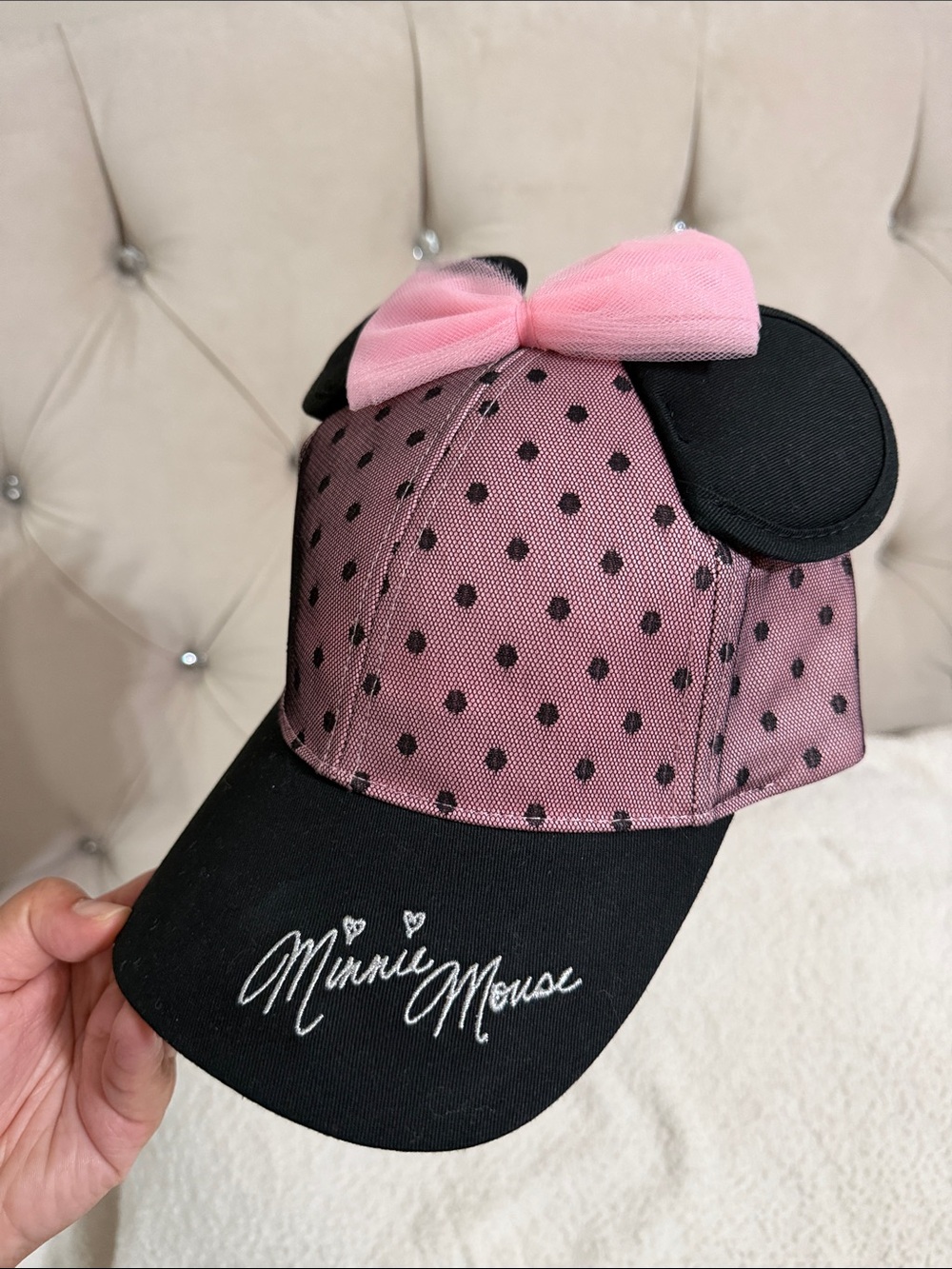 Disney Japan Authentic Minnie Mouse Black/Pink lace bow adjustable hat